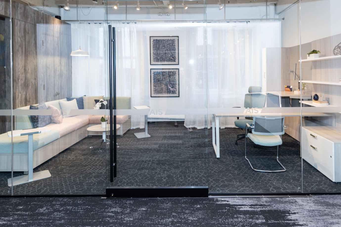 Preview of NeoCon 2021 Calibrate Casegoods Private Office with L Shelves, O Leg Run-off and LB Lounge