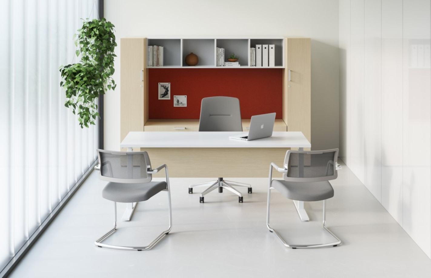 Preview of Calibrate Laminate Casegoods including Day-to-Day Height Adjustable Table with  Laminate Modesty, Auburn Executive and Devens Side Seating, Horizontal View