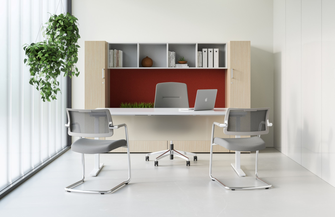 Preview of Calibrate Laminate Casegoods with Frosted Glass Modesty, Auburn Executive and Devens Side Seating