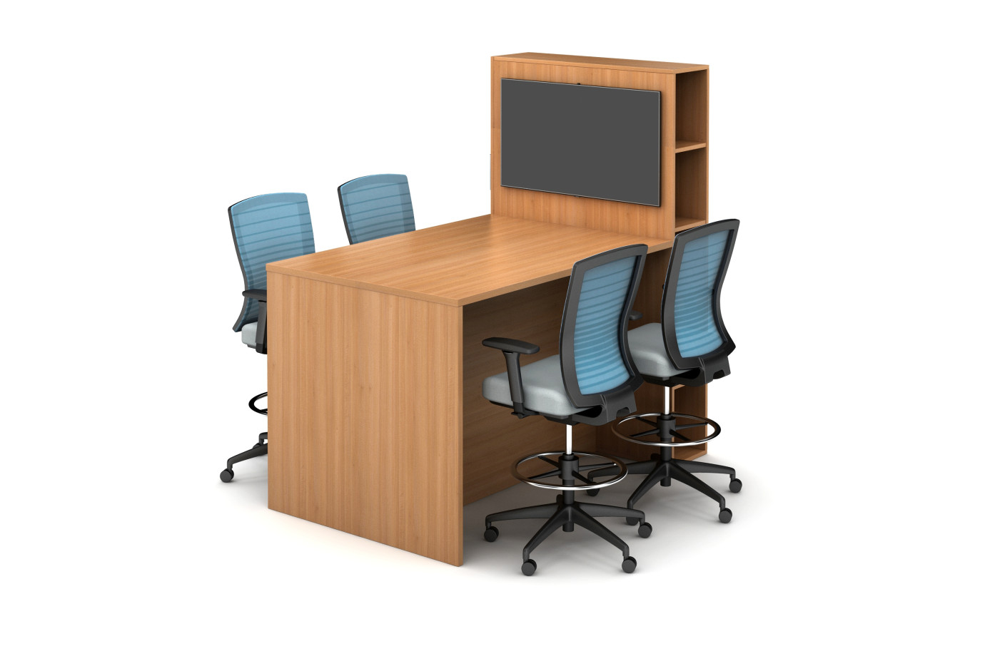 Preview of Calibrate Series Flush End Panel Conference Table, with locker for monitor mounting, standing height,. shown with Natick Stools