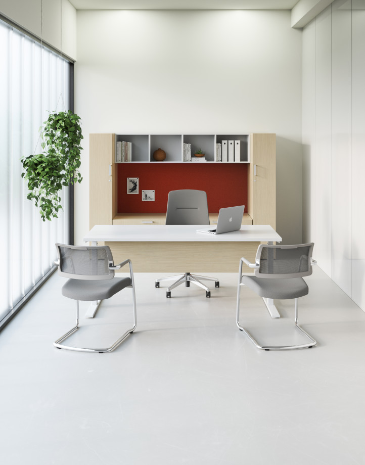 Preview of Calibrate Laminate Casegoods including Day-to-Day Height Adjustable Table with Laminate Modesty, Auburn Executive and Devens Side Seating, Vertical View