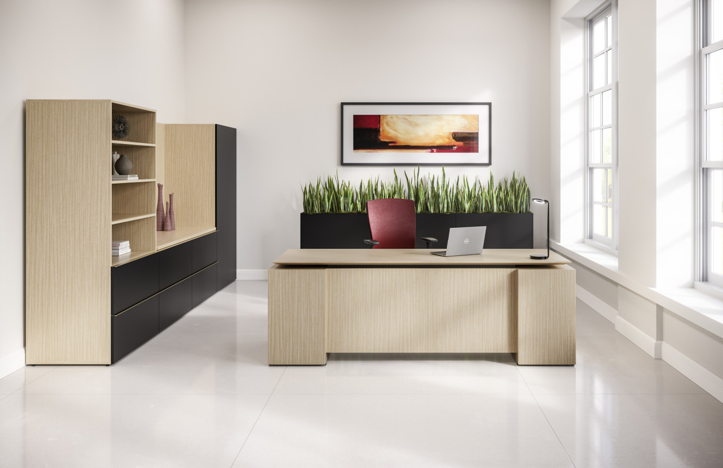 Preview of Calibrate Private Office with Executive Floating Height Adjustable Desk. Shown with Calibrate Planters. 