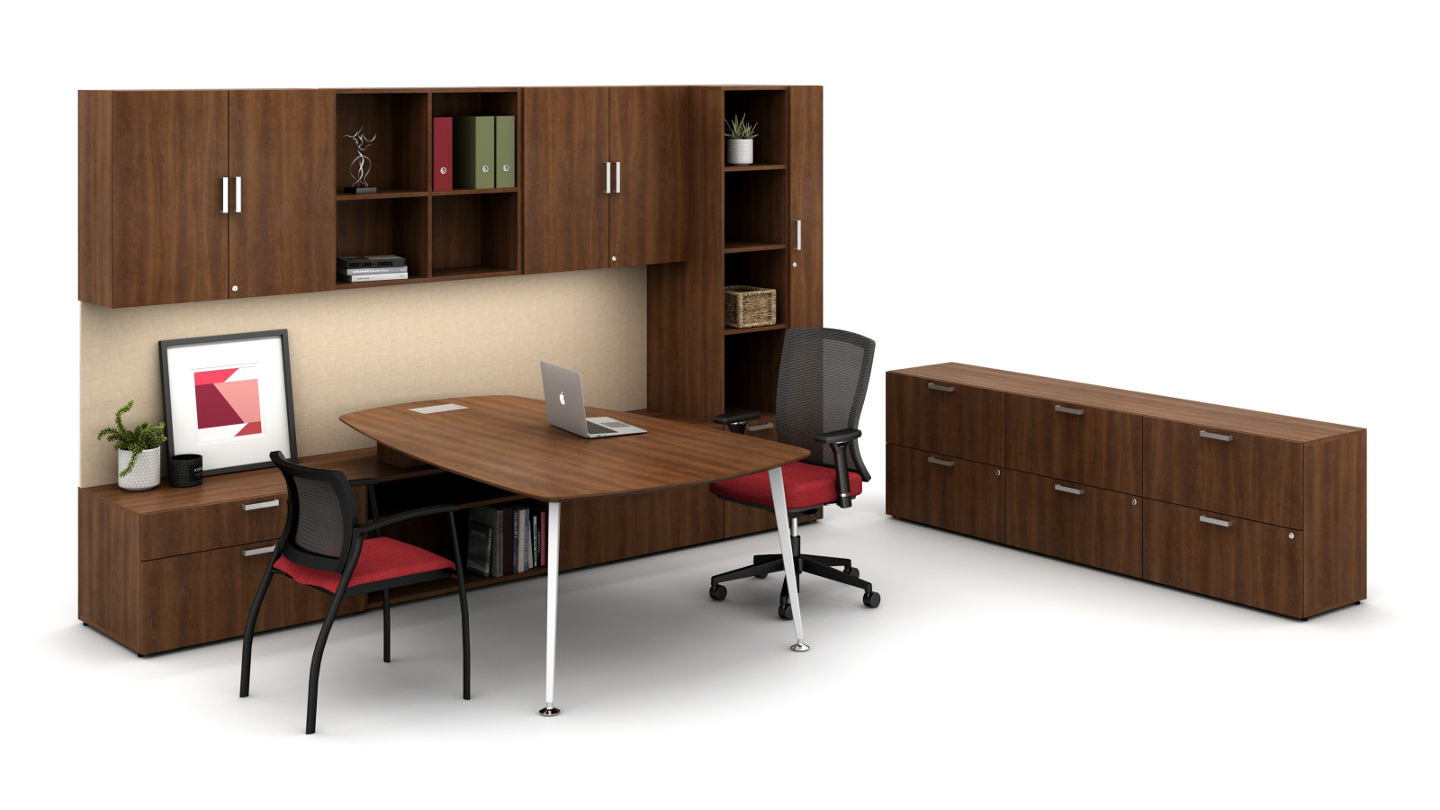 Preview of Laminate Spotlight:Dark Rum Cherry on Calibrate Series Casegoods Private Office with Pebble Top Desk, Natick Seating, Grafton Side Seating