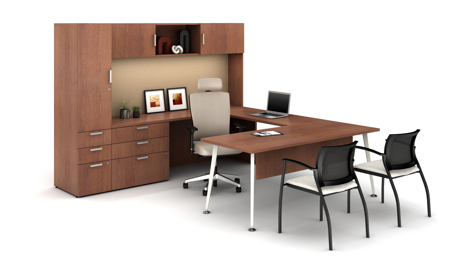 Preview of Laminate Spotlight: Grand Cherry on Calibrate Series Casegoods Private Office with Natick Executive Seating, Grafton Side Seating
