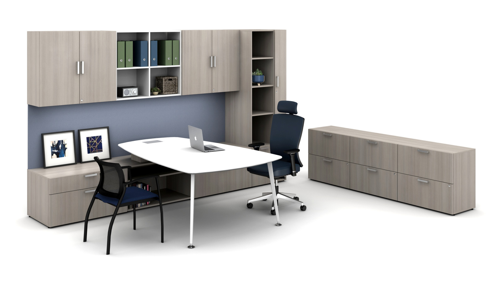 Preview of Laminate Spotlight: Looks Likatre on Calibrate Series Casegoods Private Office with Pebble Top Desk, Natick Executive Seating, Grafton Side Seating
