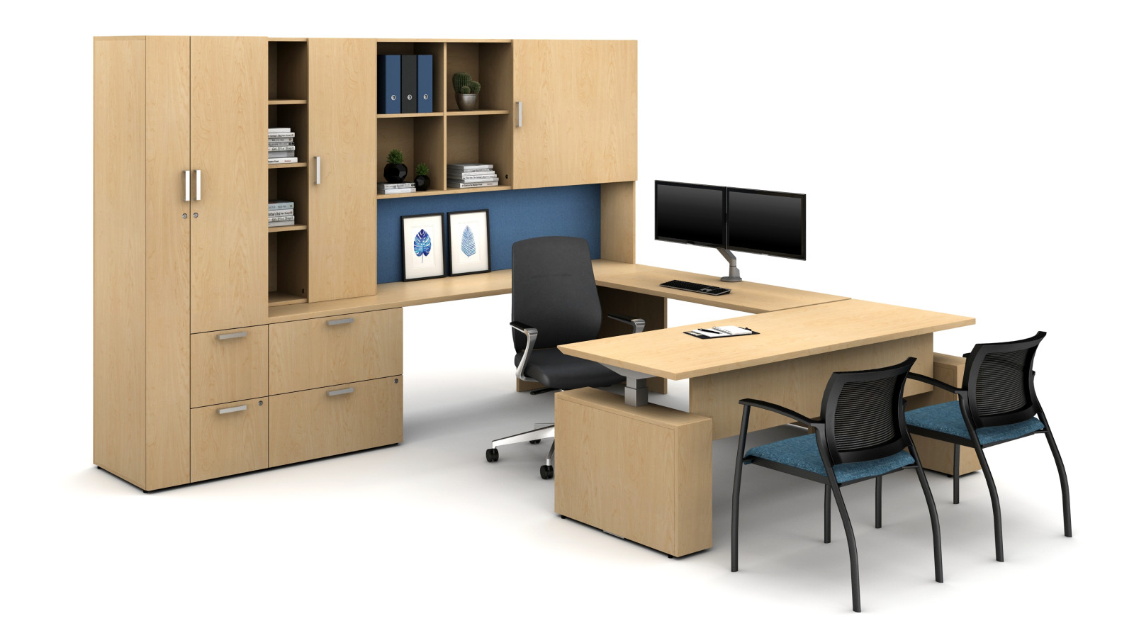 Preview of Laminate Spotlight: Midwest Maple on Calibrate Series Casegoods Private Office with Height Adjustable Desk, Auburn Executive Seating, Grafton Side Seating
