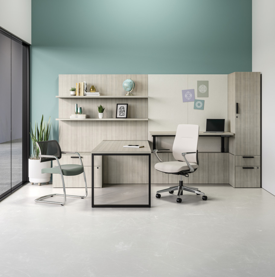 Preview of Calibrate Casegoods Private Office with Cantilevered HAT and O-Leg Desk Return. Shown with Auburn Executive Seating and Devens Side Chair