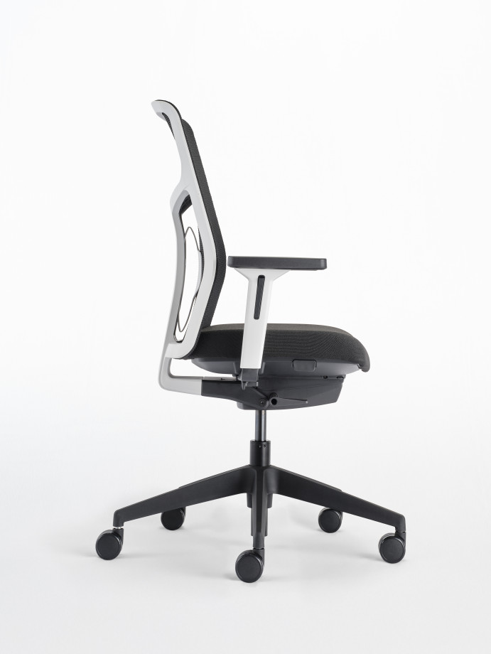 Preview of Chelsea Seating with White frame and 3D knit seat and back in Black, side view