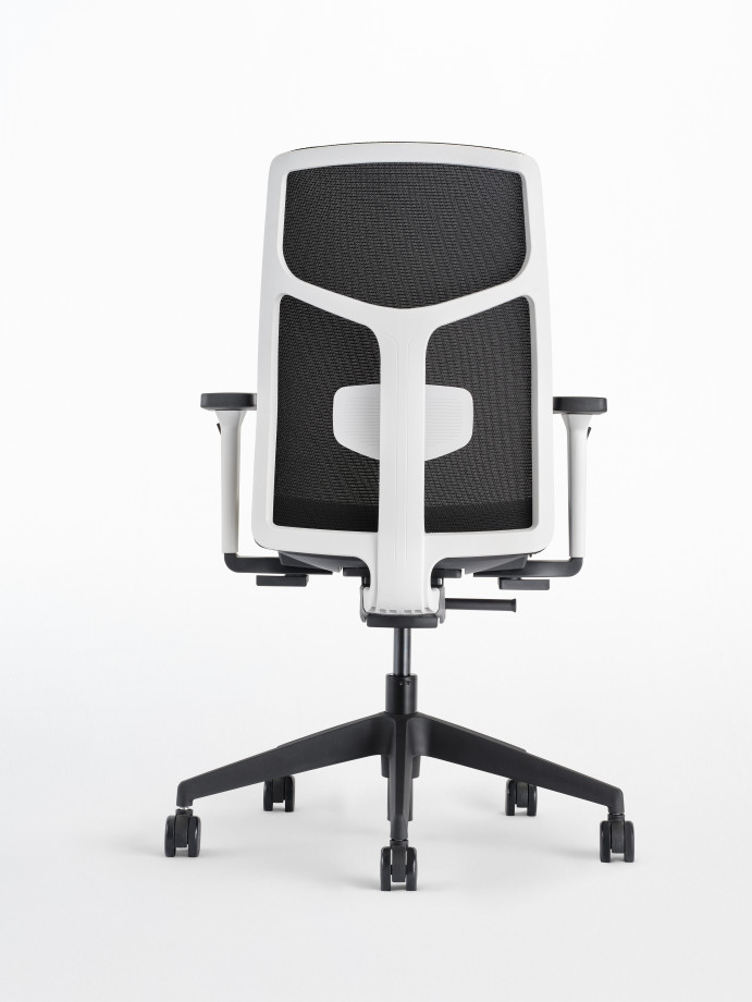 Preview of  Chelsea Seating with White frame and 3D knit seat and back in Black, back view 