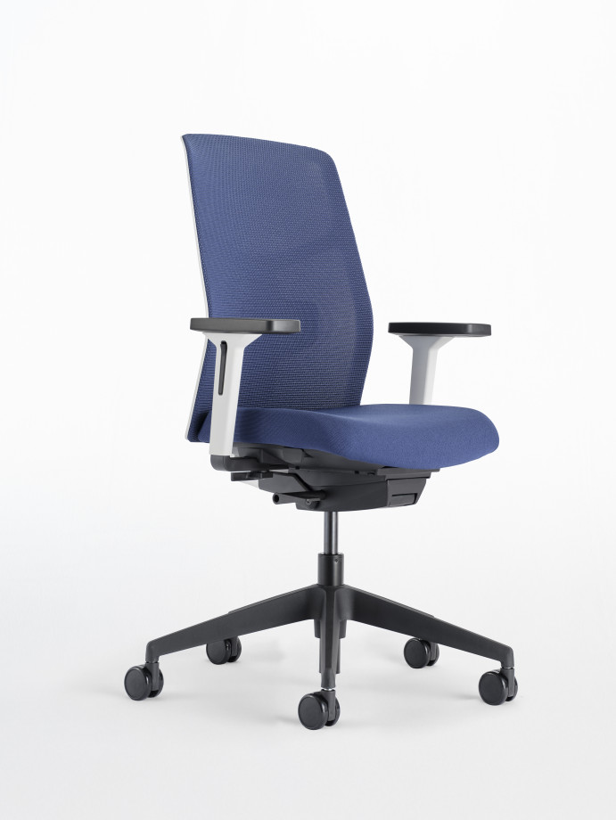 Preview of  Chelsea Task Seating with White Frame, 3D knit Navy mesh and seat, 3/4 front view 