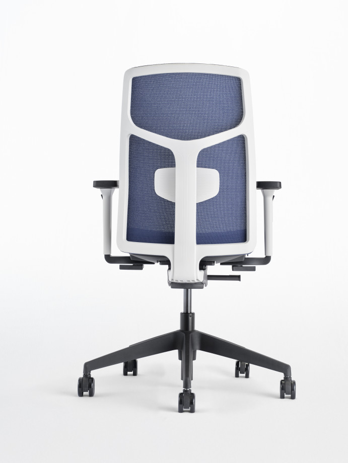 Preview of Chelsea Task Seating with White Frame, 3D knit Navy mesh and seat, back view 