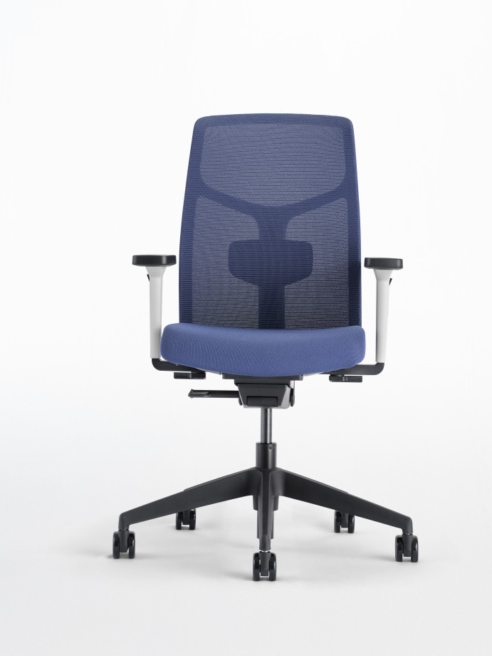 Preview of Chelsea Task Seating with White Frame, 3D knit Navy mesh and seat, front view 