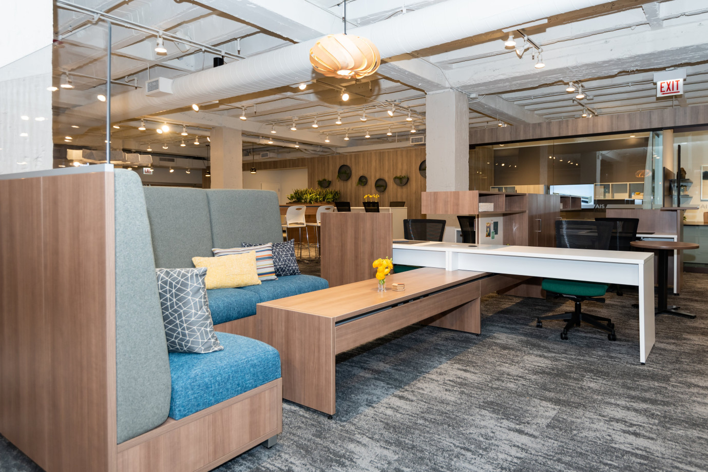 Preview of NeoCon 2021: Calibrate Community floating worksurfaces and cantilevered overheads,&nbsp; LB Lounge and Devens Seating
