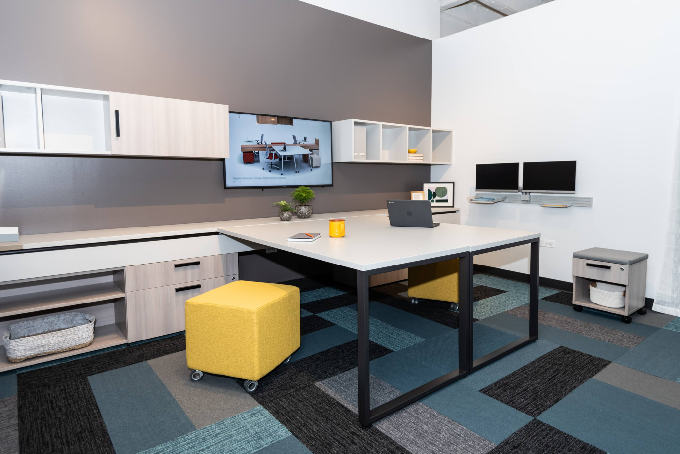 Preview of NeoCon 2021 Calibrate Community Shared Office with Sliding O-Leg tables, Tables together