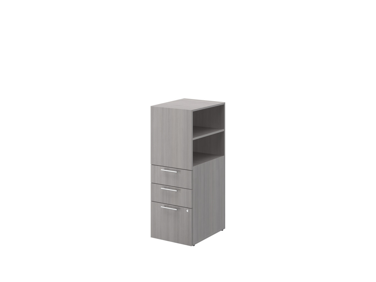 Preview of Calibrate Storage B/B/F Tower with open side bookcase on glides, shown in Looks Likatre