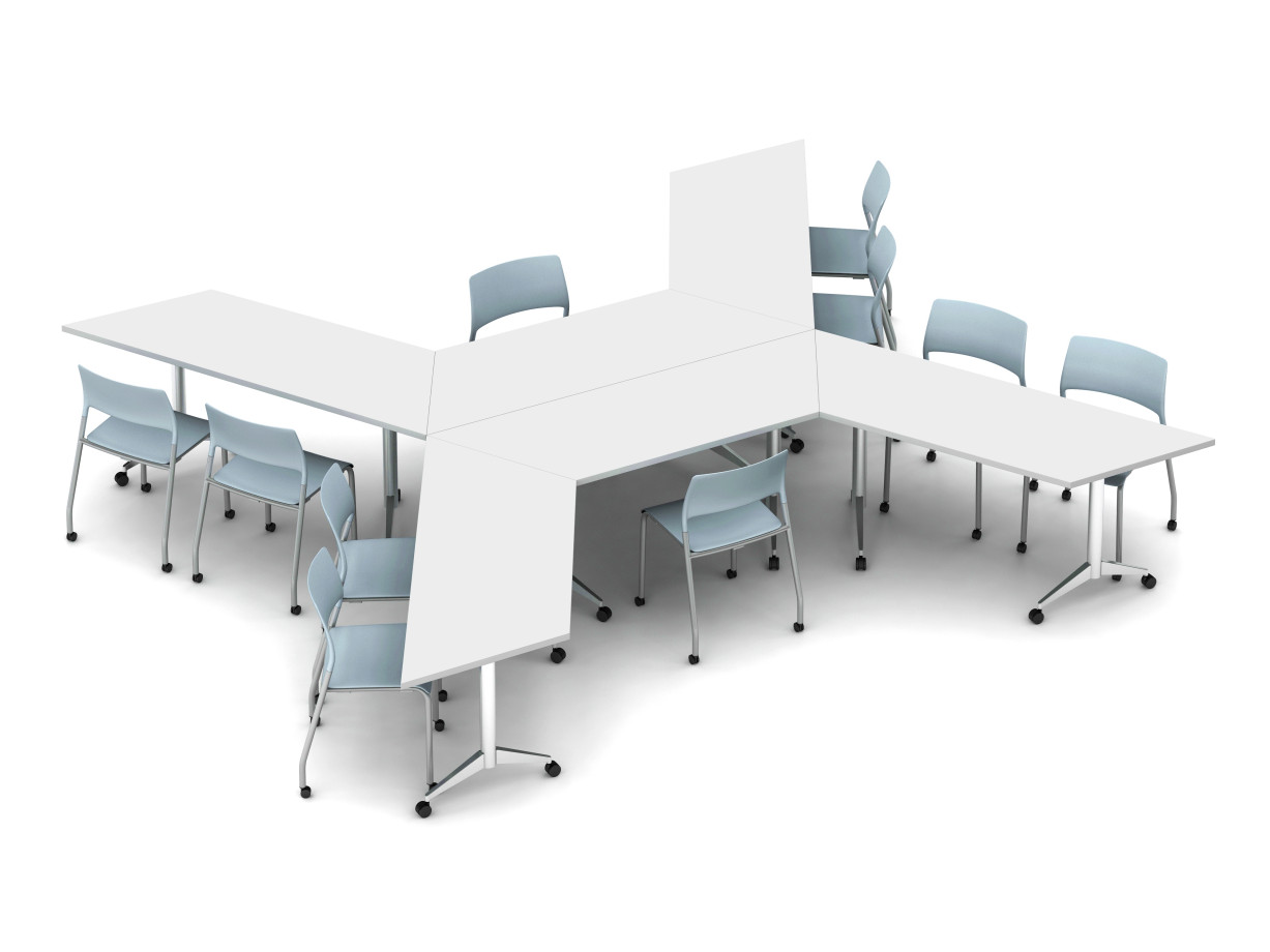 Preview of Day to Day Tables Idea Starter: Trapezoid Top, Aluminum T-Base with Caster; shown with Pierce Side Seating