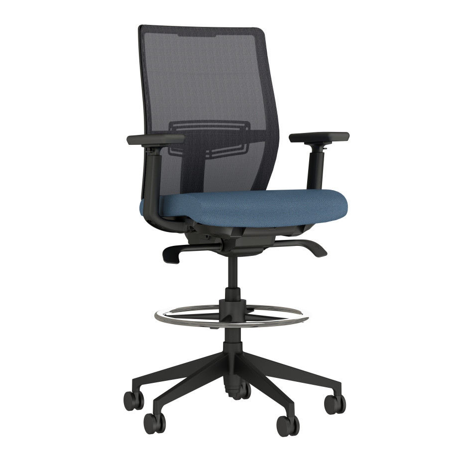 Preview of Devens Stool with Black base and frame, black mesh and Guilford Timeless Marina Seat Fabric, 3/4 view