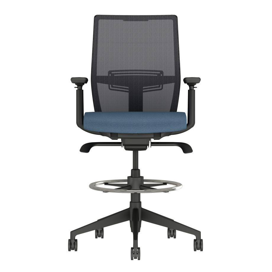 Preview of Devens Stool with Black base and frame, black mesh and Guilford Timeless Marina Seat Fabric, front view
