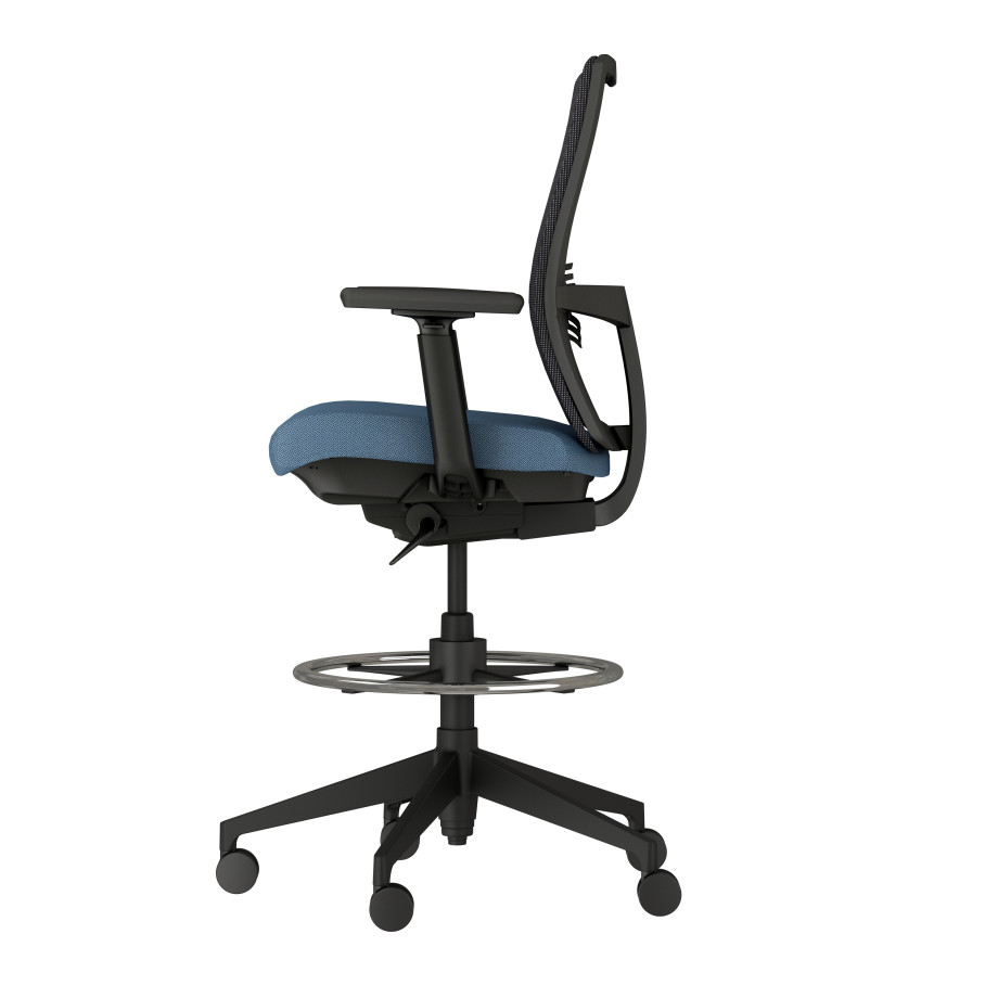 Preview of Devens Stool with Black base and frame, black mesh and Guilford Timeless Marina Seat Fabric, side view