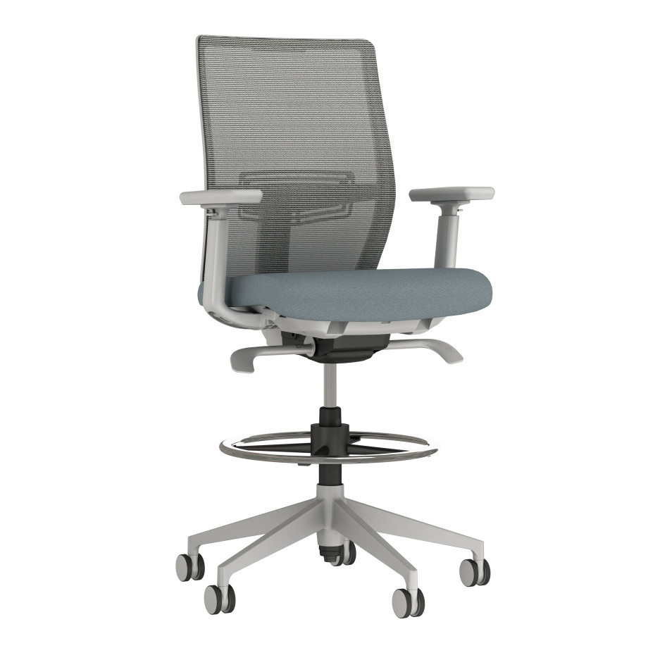 Preview of Devens Stool with Grey base and frame, Grey mesh and Durdle Smoke Blue Seat Fabric, 3/4 view