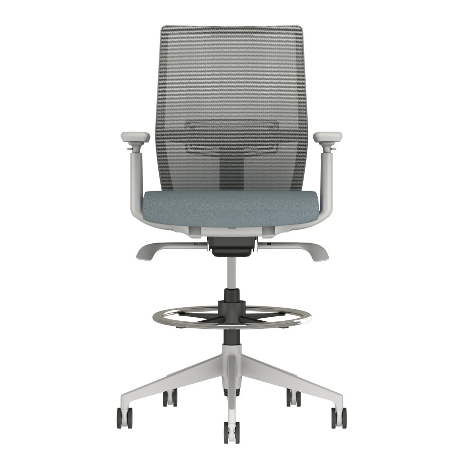 Preview of Devens Stool with Grey base and frame, grey mesh and Durdle Smoke Blue Seat Fabric, front view