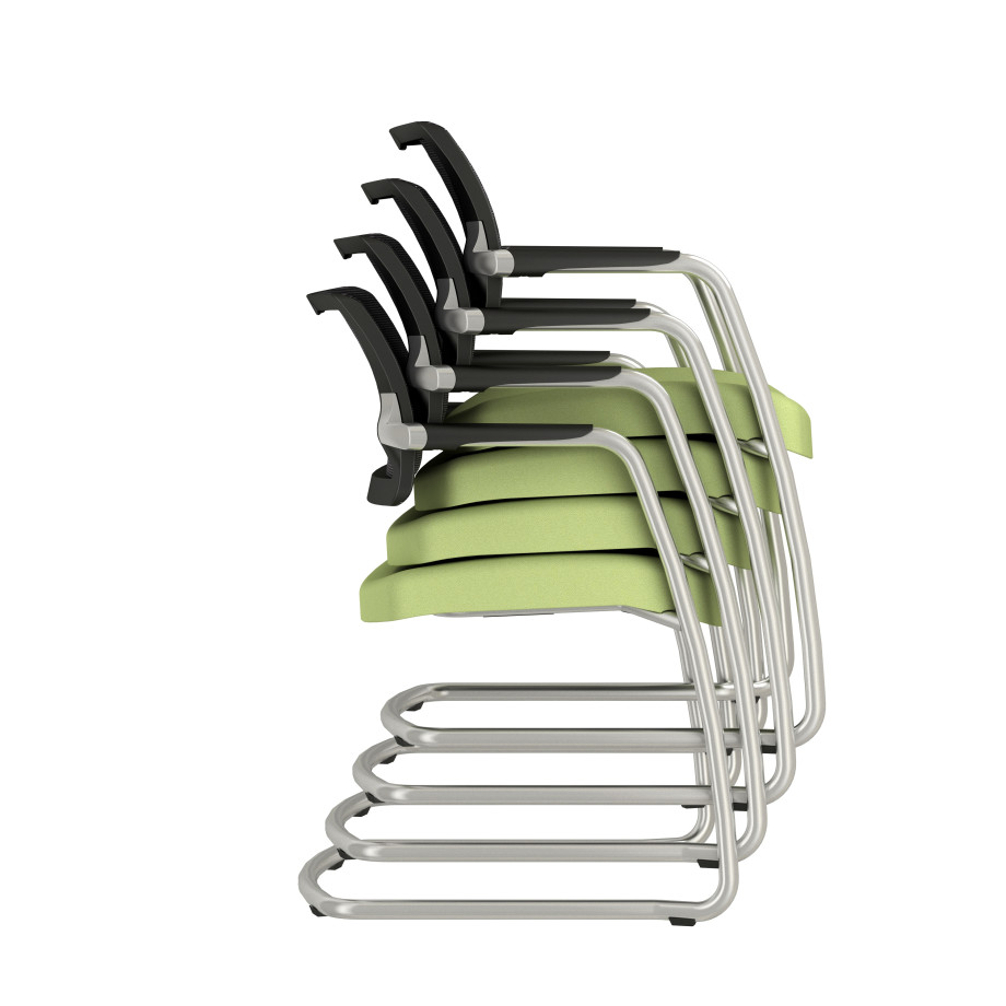 Preview of Devens Side Seating with black mesh back, and upholstered seat, stacked 4 high