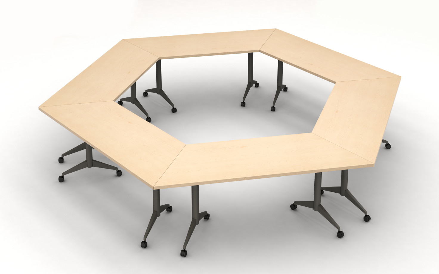 Preview of Day to Day Tables with Trapezoid Tops and Aluminum T-Legs on Casters configured in an Hexagon Shape. 