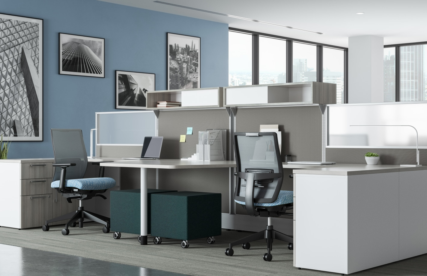 Preview of Divi Linear Open Plan Workstations with linear trim, keytop worksurface, Lim Light, with Devens Task Seating