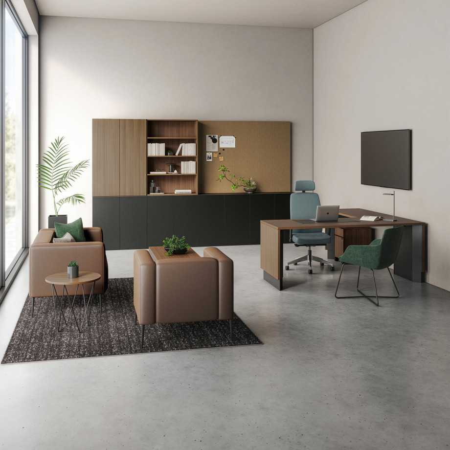 Preview of Calibrate, Telescoping End Panel Base, Freestanding, Height Adjustable Desk, Mobile Ped, Storage, Tackboard, Bolton Executive, Ardyn Low-back, Talia Desk Light, Chic Lounge, Prisma Side Table