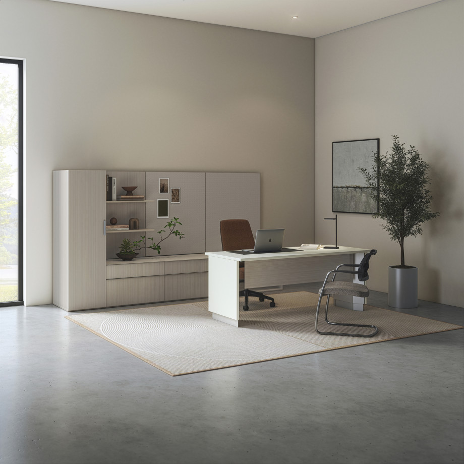 Preview of Calibrate, Telescoping End Panel Base, Storage, Tackboards, Bolton High Back, Devens Side, Talia Desk Light
