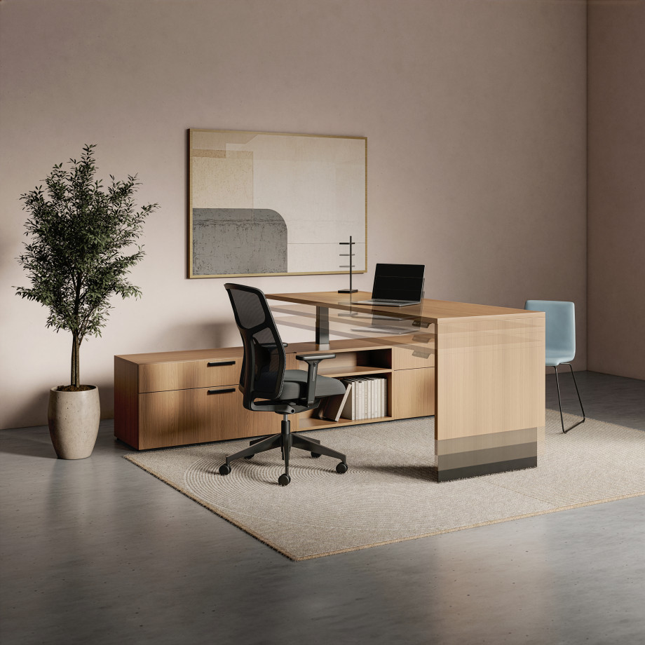 Preview of Calibrate, Telescoping End Panel Base, Height Adjustable Table, Storage, Chelsea, Itzee Side, Talia Desk Light