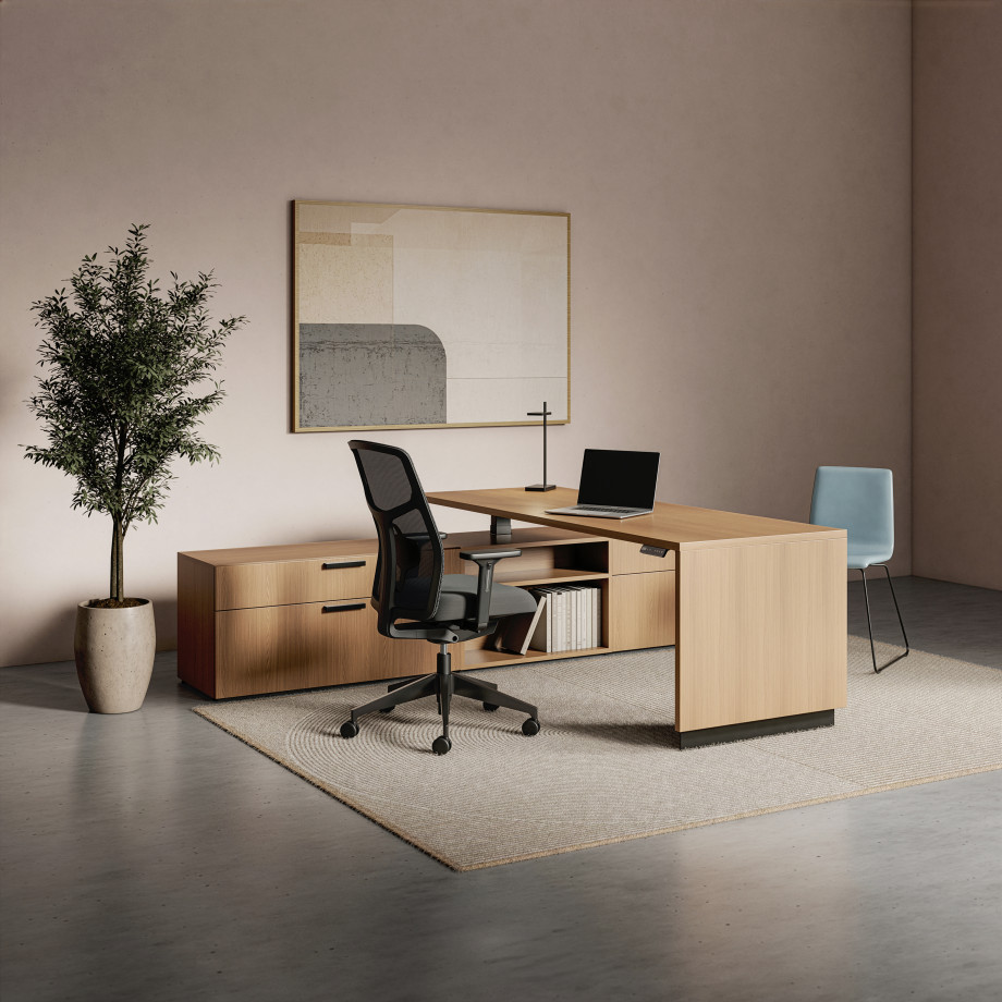 Preview of Calibrate, Telescoping End Panel Base, Height Adjustable Table, Storage, Chelsea, Itzee Side, Talia Desk Light