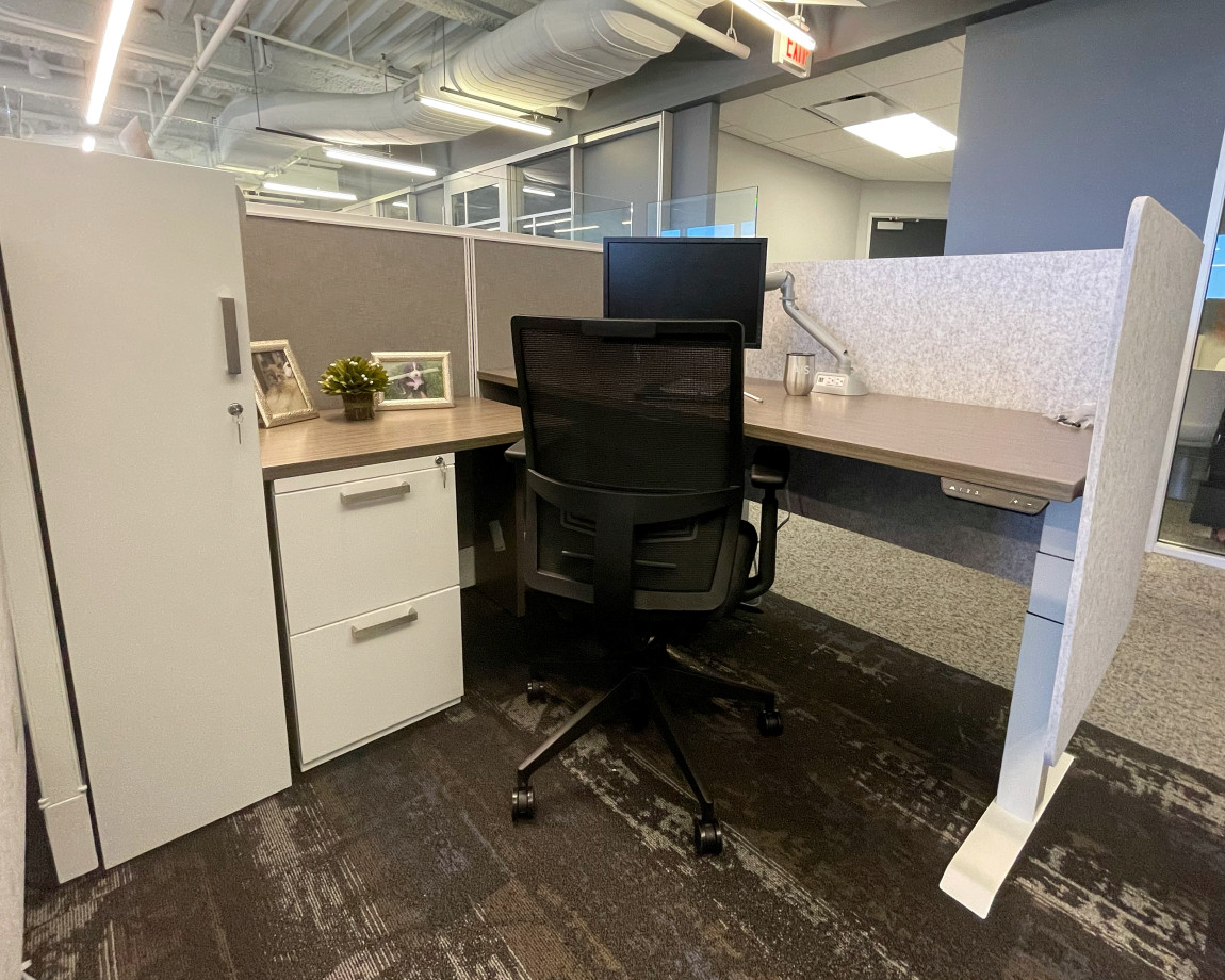 Preview of Client Space: Divi with Height Adjustable Tables and L-Wrap PET Screens, Calibrate Pantry Tower and Devens seating