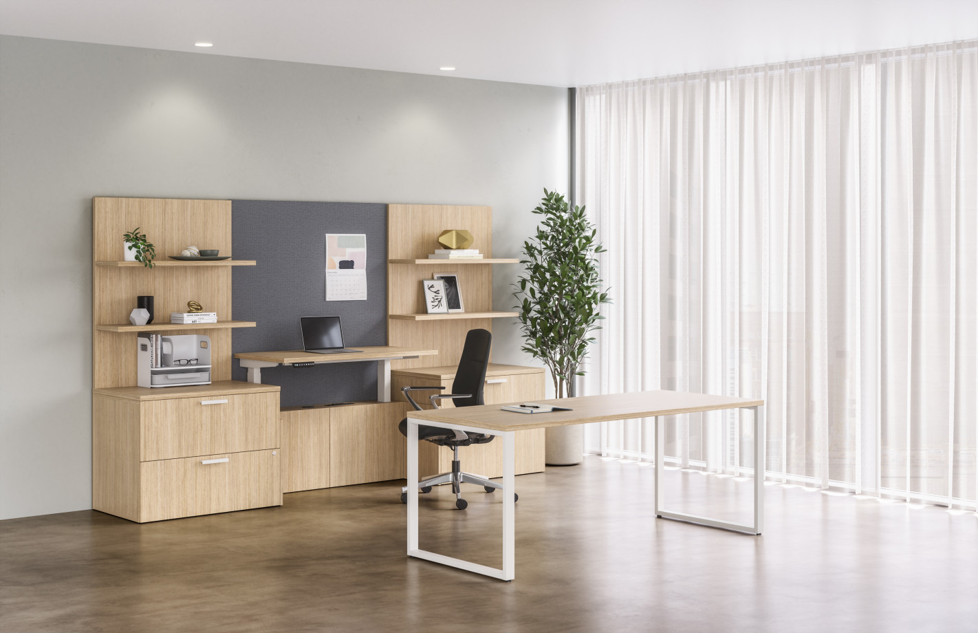 Preview of Calibrate Casegoods Private Office with O Leg desk, Cantilevered HAT and Auburn seating