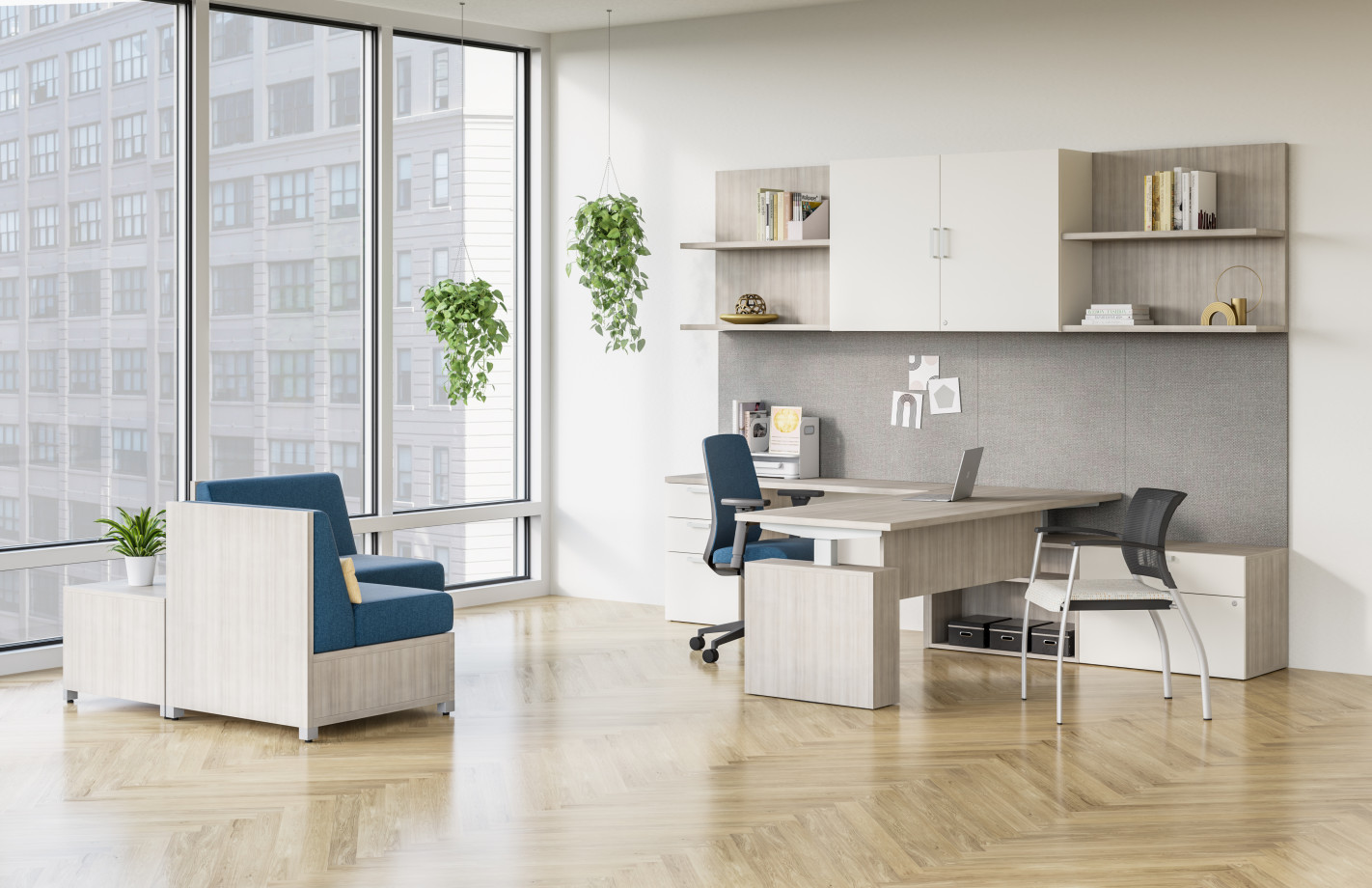 Preview of Calibrate Large Private Office with Height Adjustable Desk, Calibrate Storage, Bolton Highback chair, and LB Lounge 
