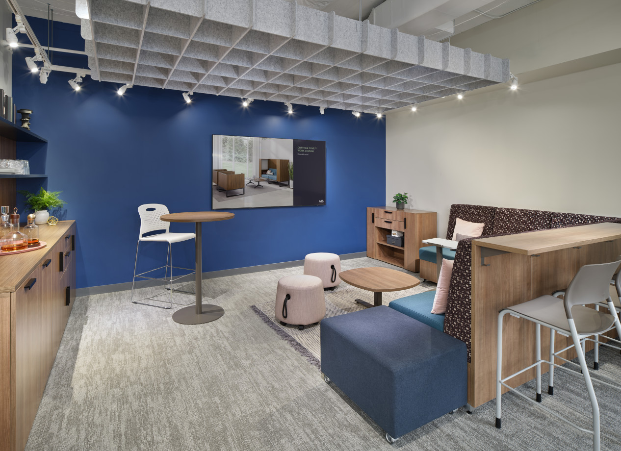 Preview of Washington DC Showroom Meeting Space with  LB Lounge and Ledge, Day-to-Day Tables with Pierce stools, and Calibrate Storage