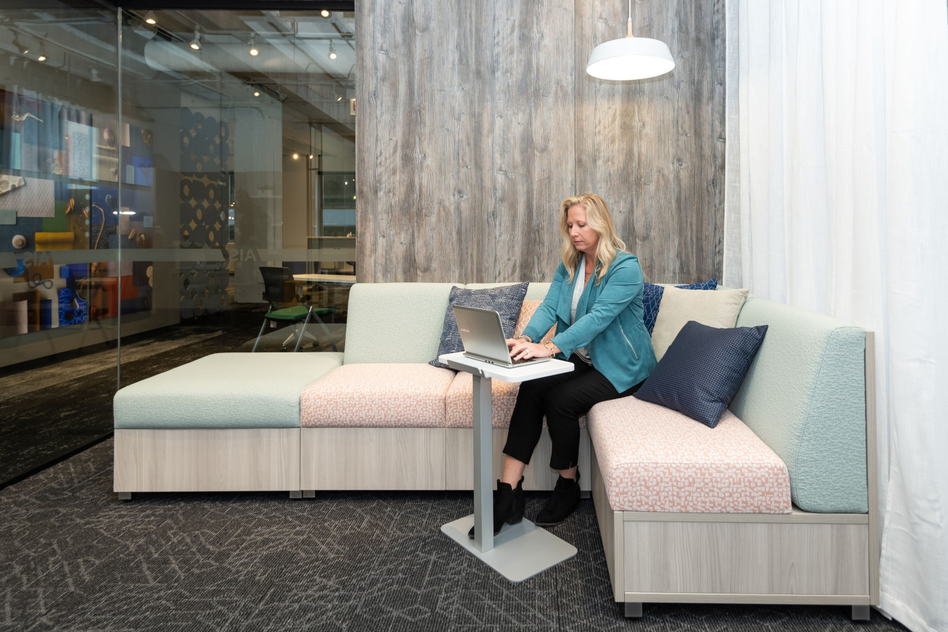 Preview of NeoCon 2021 LB Lounge seating with closed base.&nbsp; Shown with Laptop Table