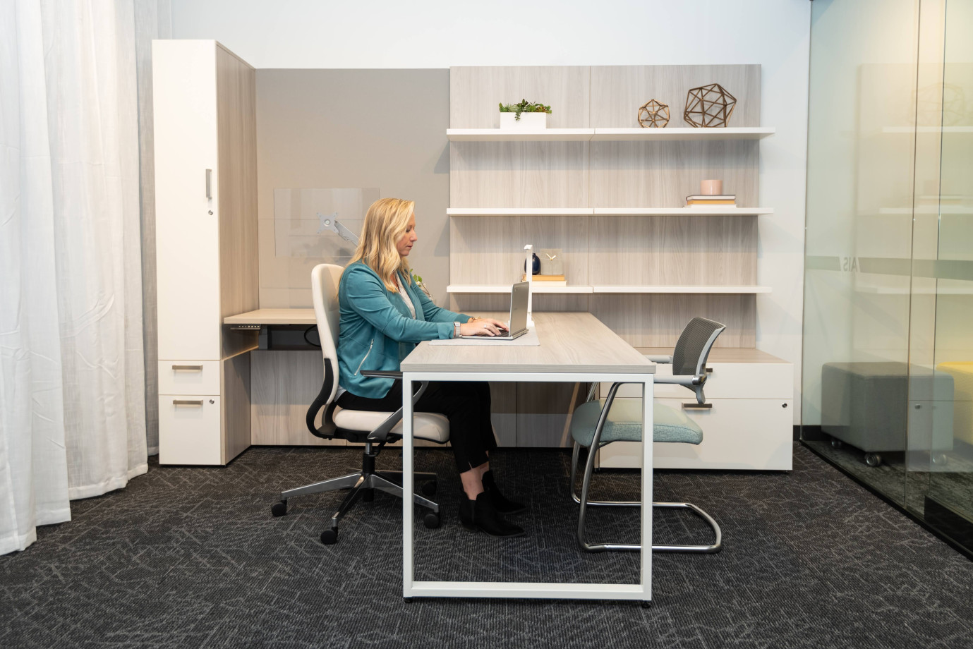 Preview of NeoCon 2021 Calibrate Casegoods Private Office with O Leg Desk and L Shelves