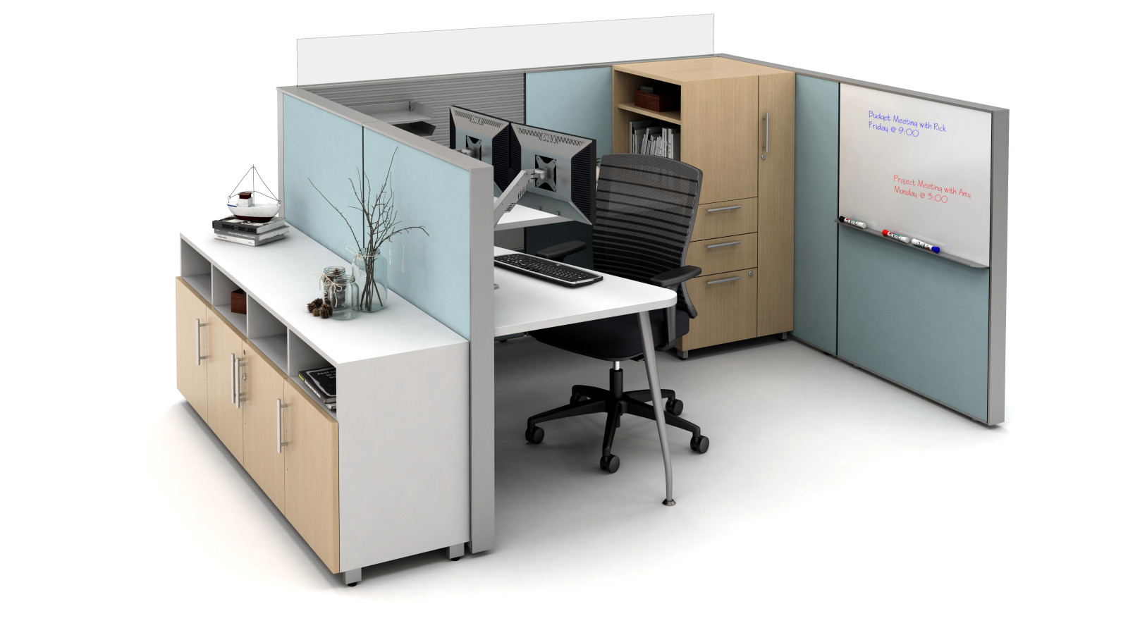 Preview of Matrix Open Plan Panel System with whiteboard insert, Calibrate Storage and Natick Seating