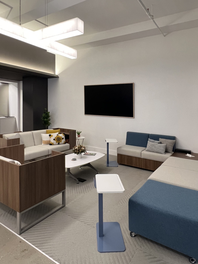 Preview of New York Showroom 2023 Lobby with 34” H Chatham Cove, LB Lounge and Ottoman and Laptop Tables