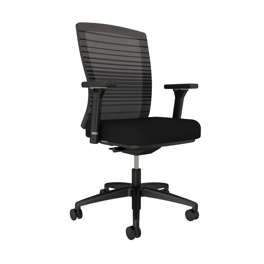 Preview of Natick, Black Base, Black Graduated Mesh, 4D Arms with Standard Black Fabric Seat, front left view
