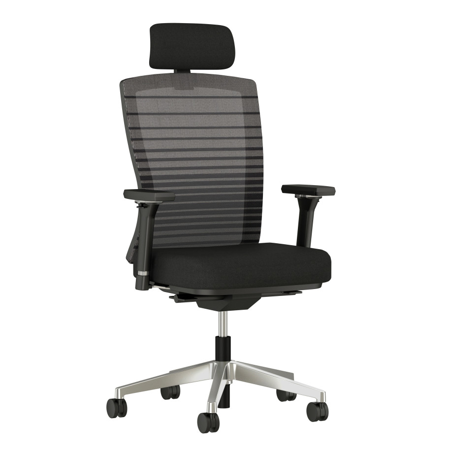 Preview of Natick with optional headrest, aluminum base, 4D Arms, black graduated/striped mesh and alta Mirage Fabric, 3/4 view