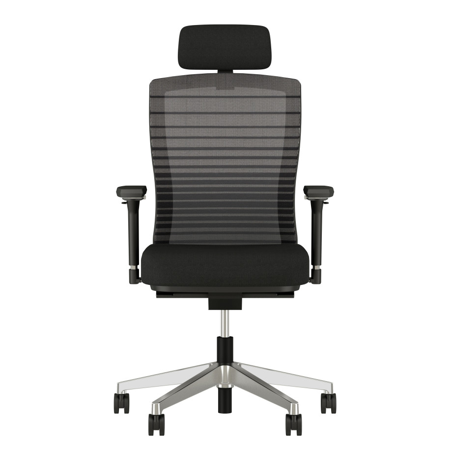 Preview of Natick with optional headrest, aluminum base, 4D Arms, black graduated/striped mesh and alta Mirage Fabric, front view