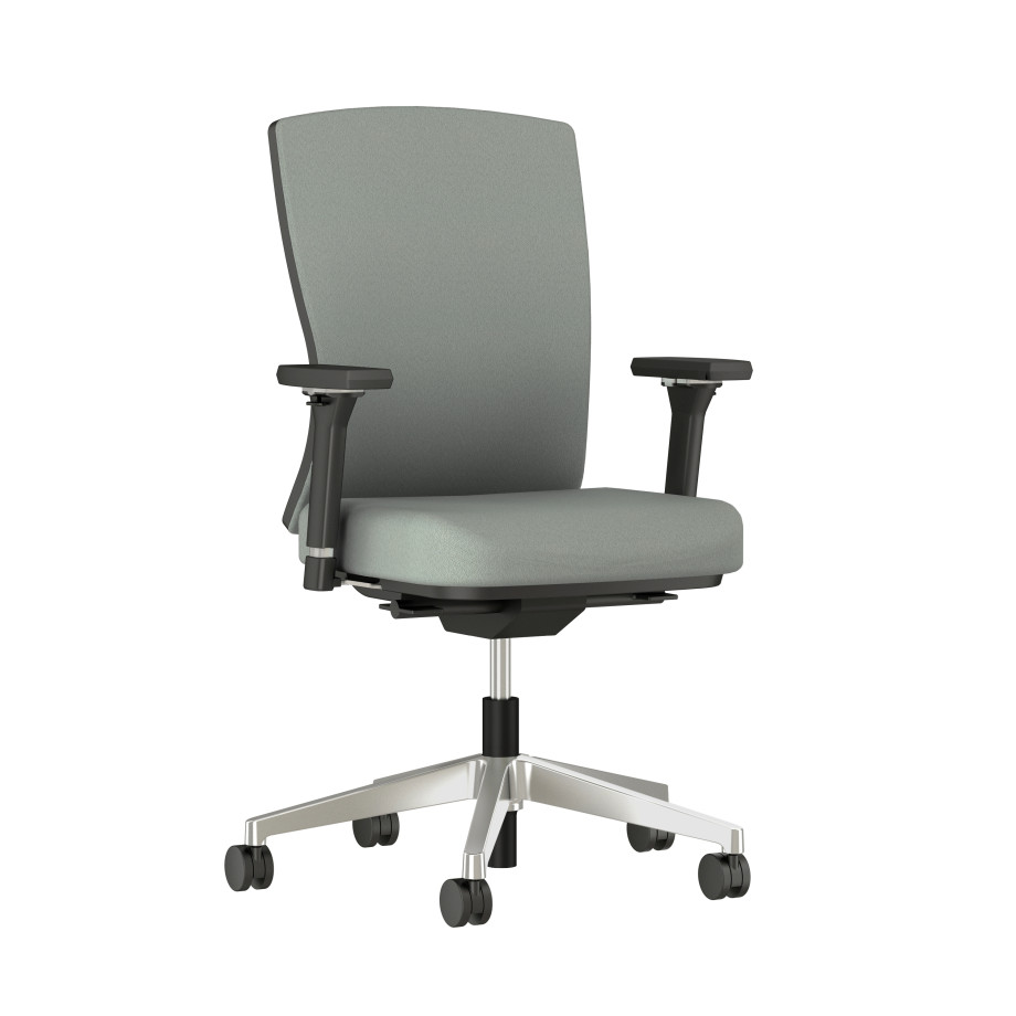 Preview of Natick Aluminum Base, Black Frame, 4D Arms, Fully Upholstered, Durdle Smoke Fabric Front Quarter View
