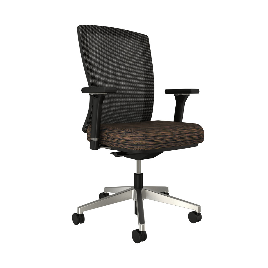 Preview of Natick with Aluminum base, black solid mesh, 4D arms and Guilford Underground Earth Fabric Seat, front left view