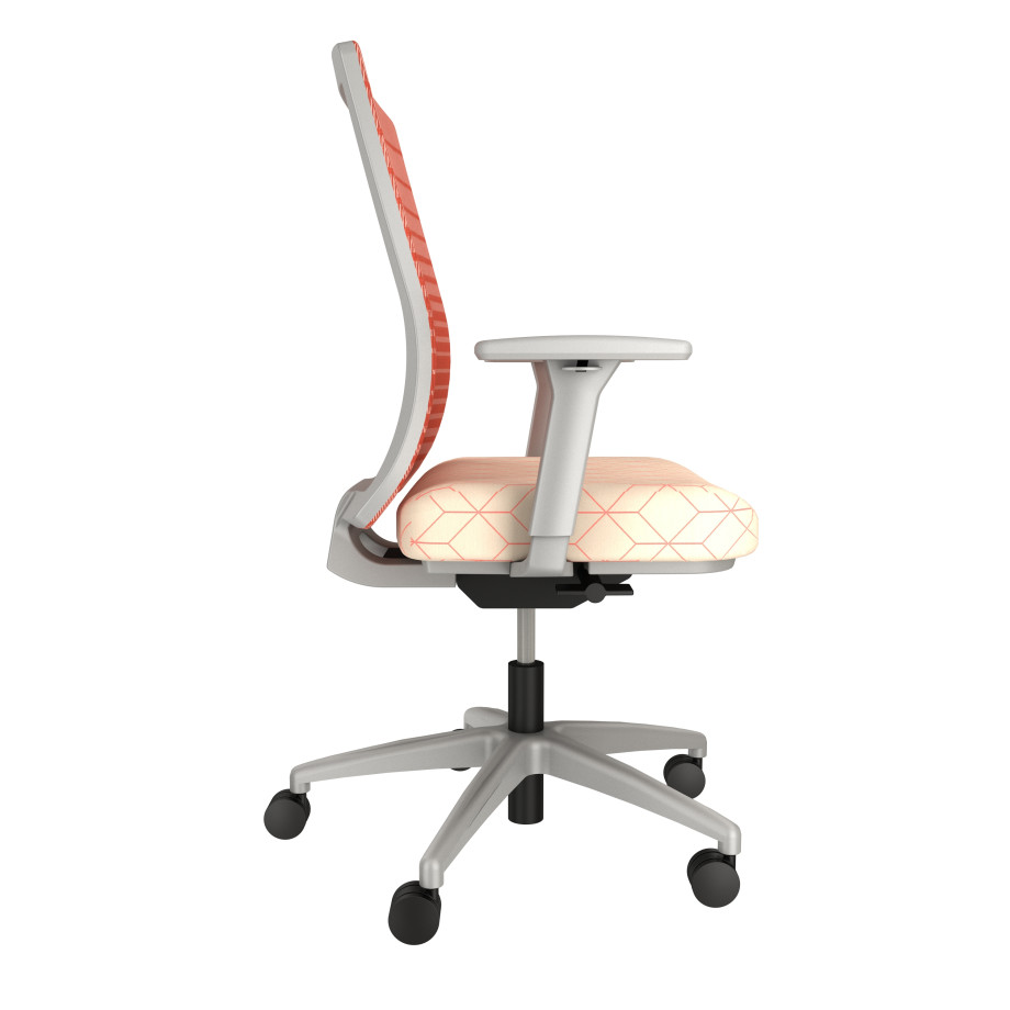 Preview of Natick with Grey Base, Orange Graduated/Striped Mesh, Maharam Bright Coral Fabric Seat, side view