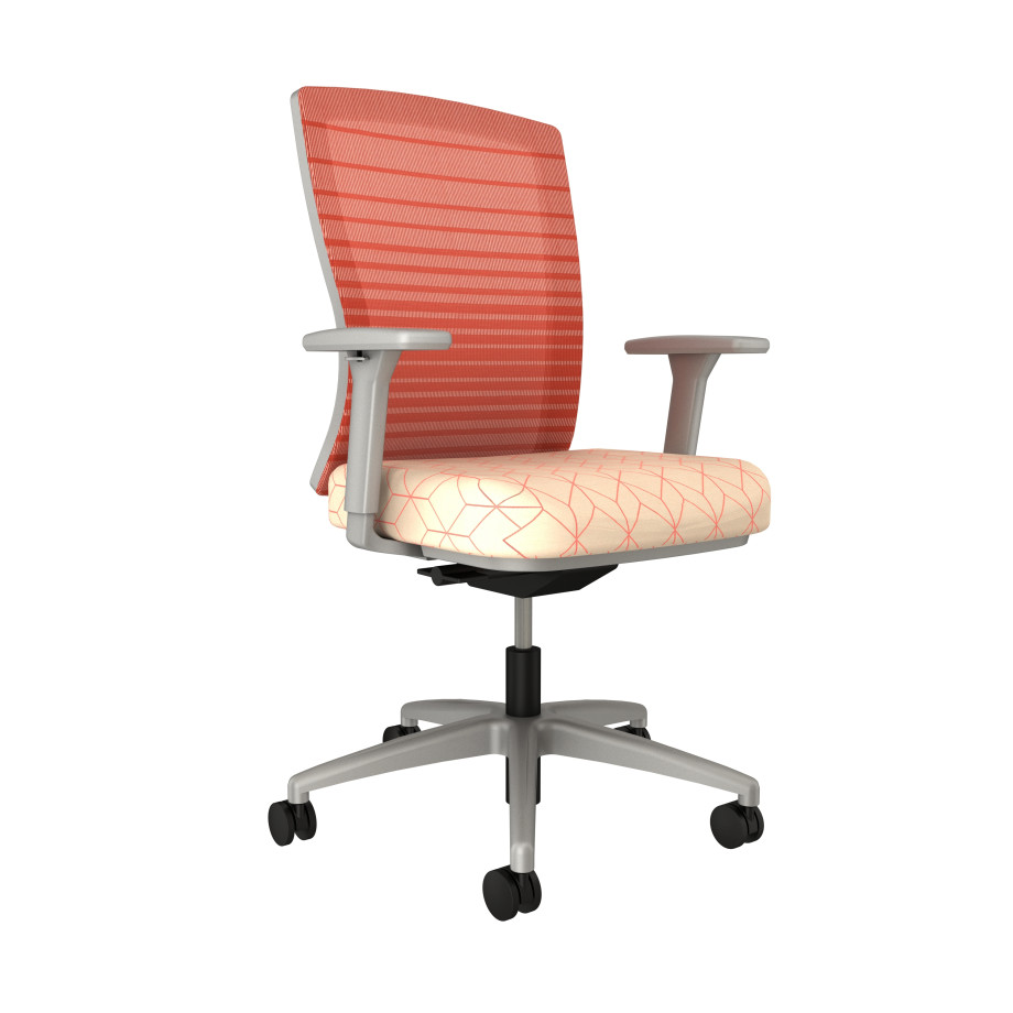 Preview of Natick with Grey Base, Orange Graduated/Striped Mesh, Maharam Bright Coral Fabric Seat, Front Left View
