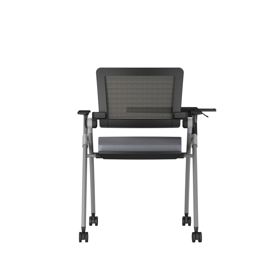 Preview of Stow Side Seating with standard grey fabric, black frame, casters and tablet, back view