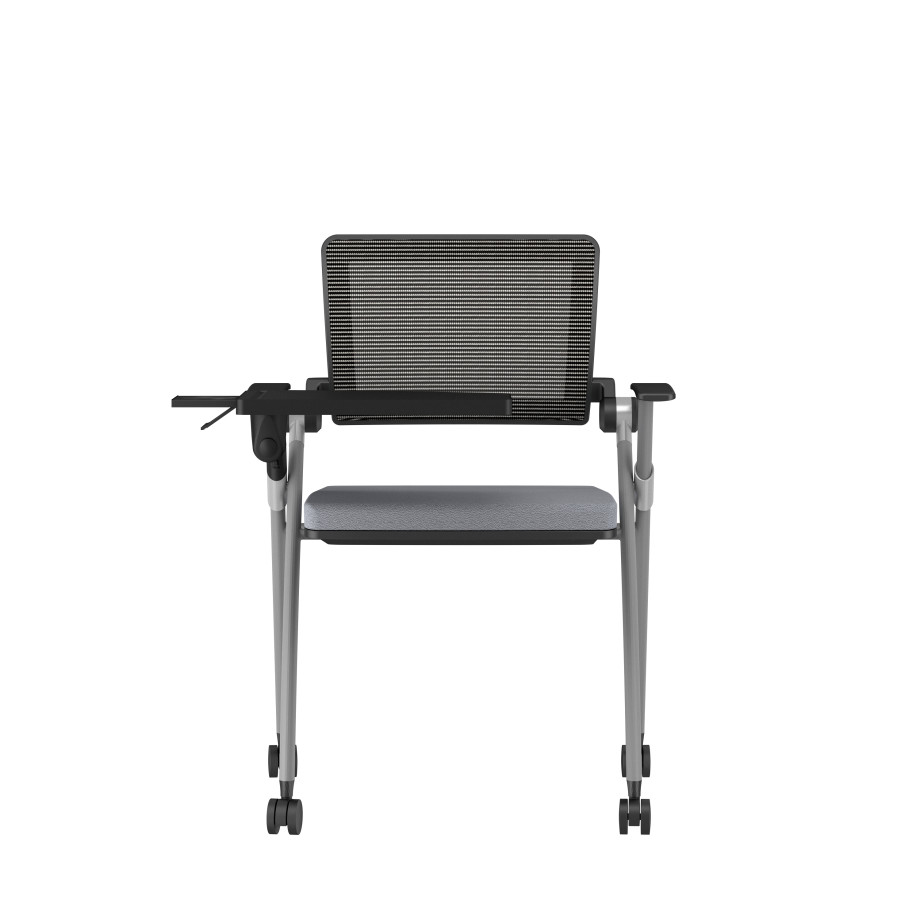 Preview of Stow Side Seating with standard grey fabric, black frame, casters, tablet, back view