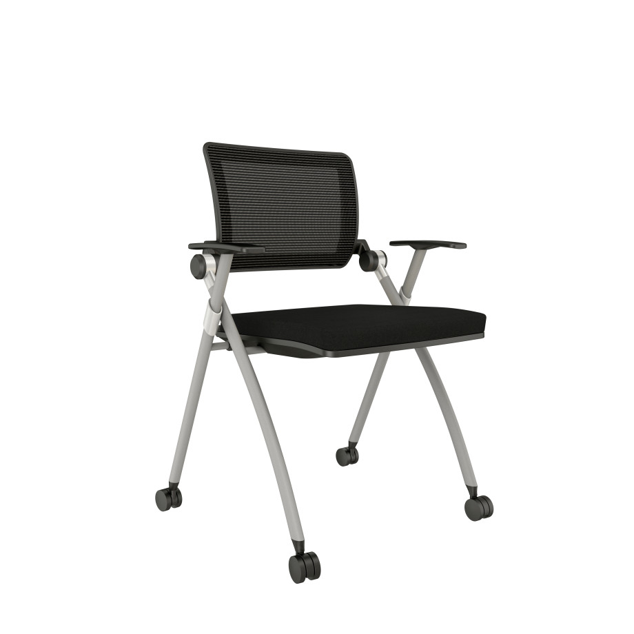 Preview of Stow with Grey Mesh, Silver Frame, Casters and Standard Black Seat Cushion